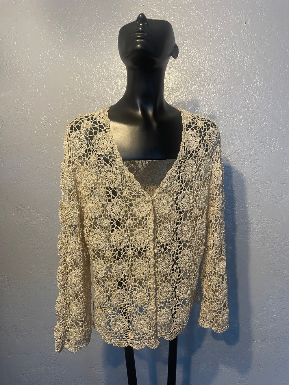 Crochet Openwork V-Neck Cardigan Sweater - Cream vintage